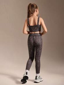 SHEIN Zestaw dla nastolatek: top i legginsy z nadrukiem w panterkę, bardzo elastyczny, dopasowany top z odkrytymi plecami w połączeniu z obcisłymi legginsami, wygodny i podkreślający figurę na fitness, jazdę na rowerze, jogging, odzież codzienną