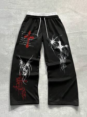 Goth Pantalon de survêtement à taille élastique avec imprimé logo croix pour hommes