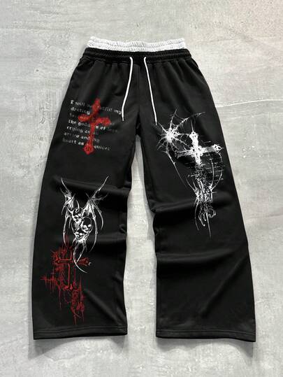Goth Herren Jogginghose mit Kreuz Logo Aufdruck und Kordelzug Taille