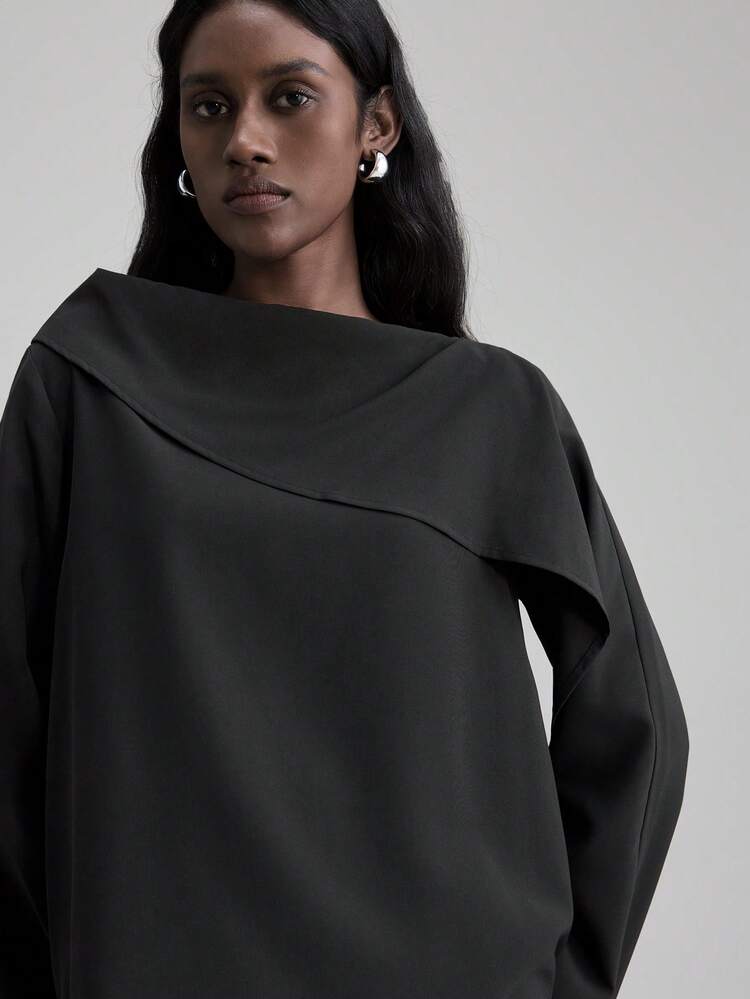 Women's Black Autumn Chic Smart Office Loose Fit Drape Collar Flare Sleeve Blouse,Elegant Old Money Style High-End Urban Commute Wedding Guest Shirt
