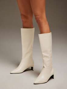 SHUZIA Women's Glamorous Sexy Pointy Toe Kitten Heel Knee-High Boots - White - View 2