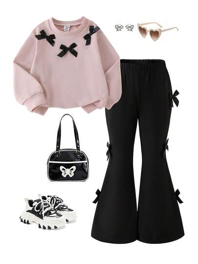 2pcs Young Girl Casual Cute Knitted Sweatshirt Set, Long Sleeve Bow Top And Bell Bottom Pants, Autumn Outfit Clothes