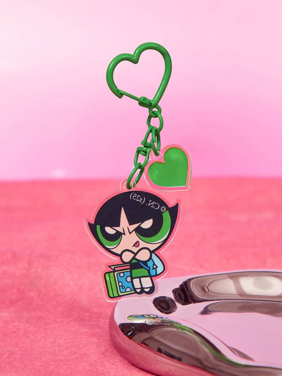 THE POWERPUFF GIRLS X SHEIN Fashionable Cute Letter & Bubbles Pattern Keychain - Olive Green - View 1