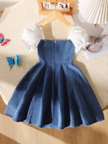 SHEIN Playful Pals 女童夏季韩版3D蝴蝶结牛仔连衣裙，适合女童休闲日常穿着和校服 - 淺色水洗藍 - 查看 2