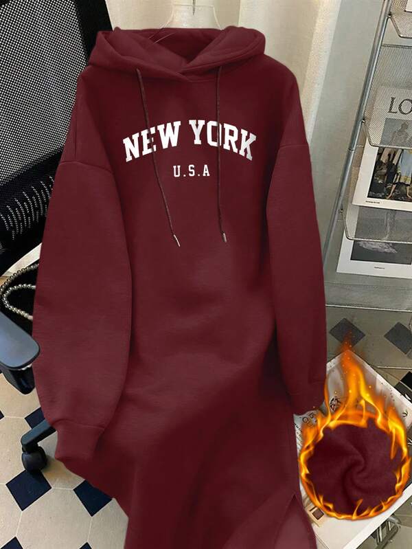 Resyla Women's Fleece Hooded Dress With Drawstring New York Letter Graphic Burgundy Red Long Sleeve Sweathirt Outfit