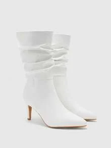 CUCCOO BIZCHIC 女士尖头细高跟白色时尚一脚蹬褶皱绒面中筒靴 - 白色 - 查看 6