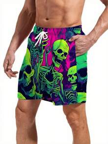 Surfspeed 骷髅印花抽绳腰带口袋沙滩短裤，适合夏季，图案短裤，可爱休闲户外沙滩短裤