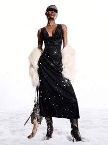 LYSMO Vestido mini elegante y sexy de mujer con escote pronunciado y espalda descubierta sin mangas de unicolor - Negro - Ver 3