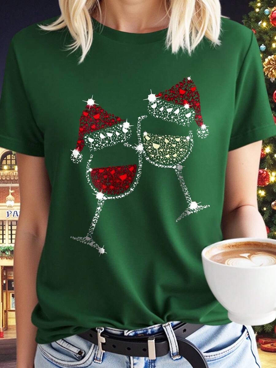 EMERY ROSE Plus Size Graphic Tee, Streetwear Style Short Sleeve T-Shirt, Cute Summer Top - Dark Green - View 1