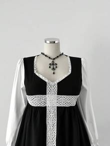 Sunspun 长袖拼色蕾丝腰部收腰连衣裙，秋冬 - 黑與白 - 查看 4