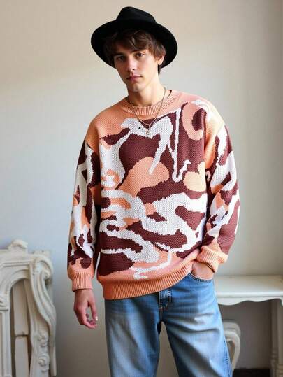 Manfinity CasualKnits Men's Casual Contrast Color Loose Fit Crew Neck Sweater, Autumn/Winter Oversized Sweater Camo Sweatshirt Graphic Sweater Pullover Sweater Camouflage Sweater