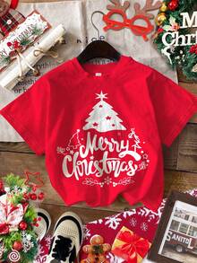 SHEIN Jeune fille Happikins Noël rouge, adorable sapin de Noël peint à la main avec lettres anglaises, décoration chaleureuse de famille et de fête, ambiance de Noël, édition limitée de Noël Cadeau, T-shirt à col rond manches courtes style décontracté minimaliste, convient pour toutes les saisons, maison, fête de Noël - Multicolore - Voir 2