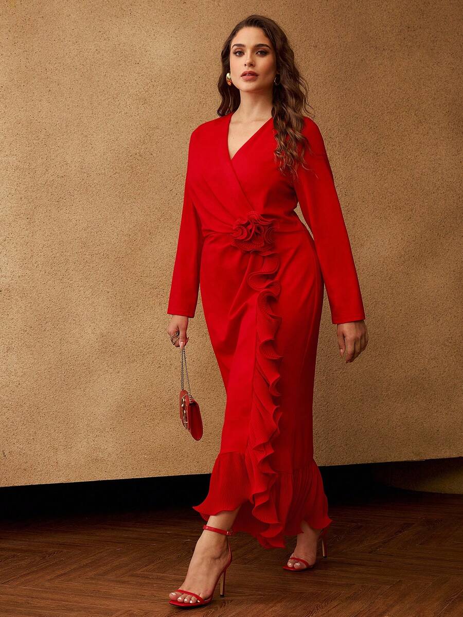 MOTF PREMIUM 加大裹身式 3D 花卉荷叶边长袖连衣裙，秋冬派对 - 紅色 - 查看 1