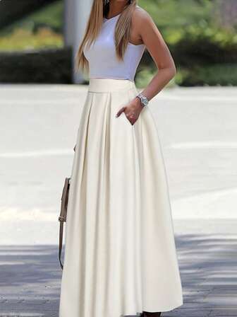 EMERY ROSE A-Line Solid Color High Waist Skirt Maxi Women