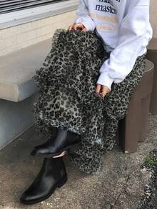 FRIFUL Falda casual y versátil de mujer con cintura elástica, estampado de leopardo marrón, pliegues y volantes, para otoño/invierno - Café integral - Ver 5