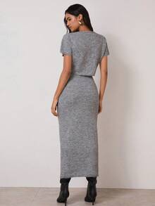 COSMINA 2pcs Women's Short Sleeve Elegant Knitted Sweater Set,Grey Autumn Casual Brunch Versatile Commuting Office Wear Two Piece Skirt Sets - Grey - View 2