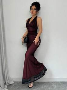 Rafferiza Elegant Bodycon Fishtail Hem V-Neck Waist Pleated Knit Mesh With Rose Red Lining Long Dress For Women, Autumn/Winter - Red - View 4