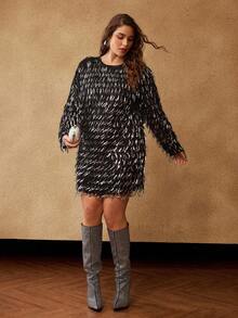 MOTF PREMIUM CHRISTMAS PLUS CHIC PARTY FRINGE & SEQUIN LONG SLEEVE MINI DRESS, AUTUMN/WINTER - Black - View 1