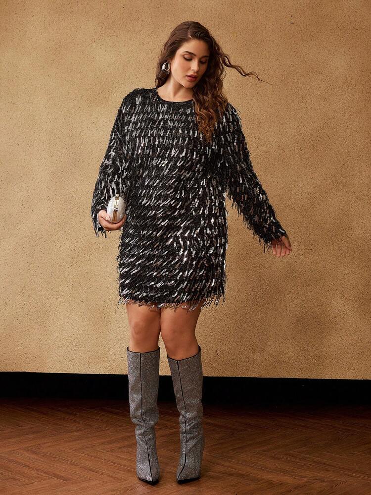CHRISTMAS PLUS CHIC PARTY FRINGE & SEQUIN LONG SLEEVE MINI DRESS, AUTUMN/WINTER