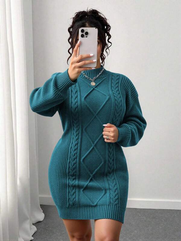 Elenzga Plus Size Solid Color Round Neck Drop Shoulder Long Sleeve Fitted Knit Sweater Dress