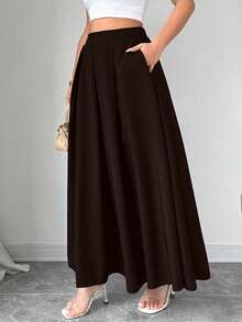 SHEIN Tall 优雅纯色百褶长裙，适合通勤 - 棕色 - 查看 3