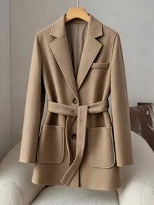 Franclia 女士秋冬卡其色大衣，带口袋、贴袋和内衬，品质高端，配有可拆卸腰带，修身腰线，优雅时尚，通勤百搭的中长款大衣，适合秋冬季穿着。 - 摩卡棕 - 查看 3