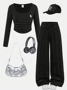 SHEIN Tween Girls Back To School Sports Casual Solid Color Set, Long Sleeve Cropped T-Shirt With Ruched Details And Straight Leg Sweatpants, Autumn/Winter - Black - View 4