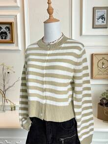INAWLY Áo khoác cardigan dệt kim dài tay họa tiết sọc thường ngày thời trang dành cho nữ - Nhiều màu - Xem 3