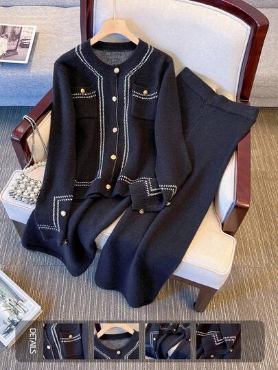 SHEIN Franclia 2 件套女士撞色圆领长袖纽扣前优雅针织毛衣套装