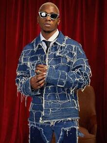 PAVTROS 男士长袖单排扣做旧流苏牛仔夹克，圣诞节 - 藍色 - 查看 4