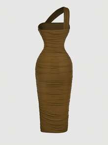 SHEIN X Belle Mariano SHEIN MOD Women's Vintage Asymmetric Ruched Sleeveless Midi Dress, Bodycon Fit Mesh Fabric - Army Green - View 2