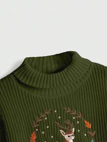 ROMWE Fairycore Suéter de cuello alto con bordado de ciervos, de hombros caídos y manga larga, informal, para otoño/invierno