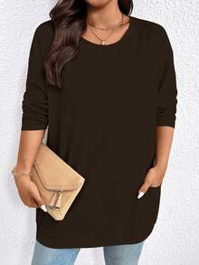 EMERY ROSE Camiseta de manga larga casual de unicolor talla grande, otoño - Marrón - Ver 8