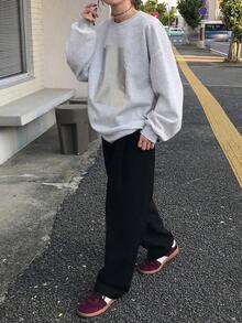 FRIFUL Women's Solid Color Round Neck Drop Shoulder Long Sleeve Silver Printed Loose Casual Fleece Sweatshirt, Autumn/Winter - White - View 3