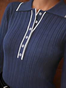 MOTF PREMIUM HALF BUTTON CONTRAST TRIM COLLAR SWEATER - Royal Blue - View 6