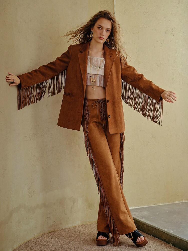 MOTF STUDIO FRINGE SUEDE BOHEMIAN BOHO FLARE PANTS