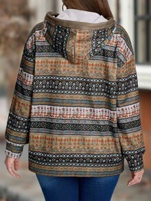 EMERY ROSE Plus Size Women Casual Plush For Warmth Hooded Vintage Striped Print Patchwork Pocket Sweatshirt, Autumn/Winter,Winter Clothes For Women,Going Out Outfits,Fall Clothes For Women,Fall Outfits,2025 New Clothes,Casual Everyday Wear,Fall Long Sleeve Tops For Women, Plus Size Hoodies Women