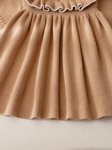 Souflis Souflis Young Girl's Pink Bow Knit Sweater Dress, Cute Ruffle Round Neck Long Sleeve Knitted Dress - Khaki - View 5