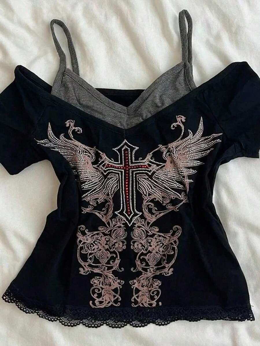 INAWLY Áo thun tay ngắn ôm vừa vặn họa tiết Cross & Wing 2 trong 1 - màu đen - Xem 1