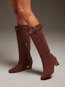 SHUZIA Women Casual Comfortable Point Toe Kitten Heel Faux Suede Knee-High Boots - Coffee Brown - View 2