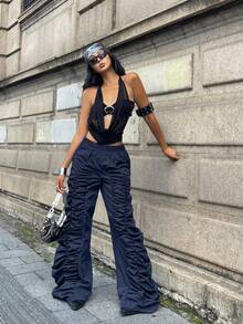 Coolane Women's Fall Streetwear Concert Rave Festival Going Out Renaissance Fair Clubs Pleated Navy Blue Straight Pants - Navy Blue - View 4