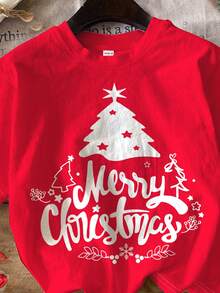 SHEIN Jeune fille Happikins Noël rouge, adorable sapin de Noël peint à la main avec lettres anglaises, décoration chaleureuse de famille et de fête, ambiance de Noël, édition limitée de Noël Cadeau, T-shirt à col rond manches courtes style décontracté minimaliste, convient pour toutes les saisons, maison, fête de Noël - Multicolore - Voir 5