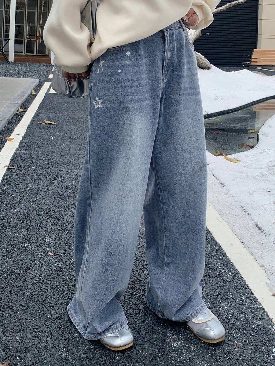 Dazy Plus 秋季女童星星印花装饰图案宽松直筒休闲长牛仔裤