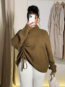 Maweii Plus Size Women High Neck Casual Drawstring Design Pullover Sweater - Coffee Brown - View 5