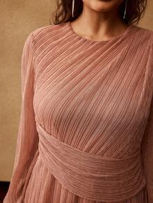 MOTF PREMIUM PLUS AUTUMN/WINTER PARTY/DATE PLEATED METALLIC MESH ROUND NECK LONG SLEEVE DRESS - Pink - View 2
