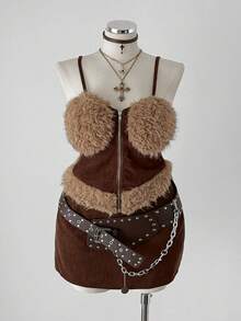 Sunspun Conjunto de 2 piezas de top bandeau y minifalda de parchwork de felpa talla grande para mujer - Marrón - Ver 7