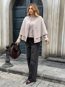 Chiquease Bộ 2 áo khoác cardigan dệt kim màu trơn và áo len tay dài tay raglan cho nữ, mùa thu/đông - Màu Khaki - Xem 7