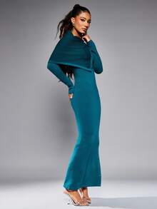 NYA SZN 连衣裙不对称长袖连帽衫合身纽扣特殊场合活动生日夜晚外出伊比沙岛酷女孩假日万圣节超长罗纹针织衫蓝色青色秋冬女士服装 - 墨綠色 - 查看 6