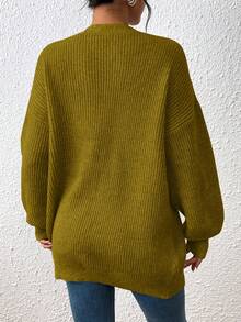 EMERY ROSE Áo khoác cardigan dệt kim hở gân màu trơn đơn giản thường ngày cho nữ, Thu/Đông - Màu Mù tạt vàng - Xem 3