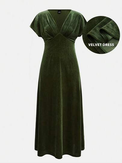 Maija Green Velvet V-Neck Waist Flared A-Line Midi Dress, Suitable For Party, Holiday, Christmas  Women Dresses Autumn Winter Cozy Fall And Winter Clothes For Women Elegant Dresses For Party Winter Dresses For Women V Neck Dresses Velvet Dresses Olive Dress Green Wedding Guest Dress Long Party Dress Stylish Clothing Collection New Year Dress Elegant Party Dresses For Women